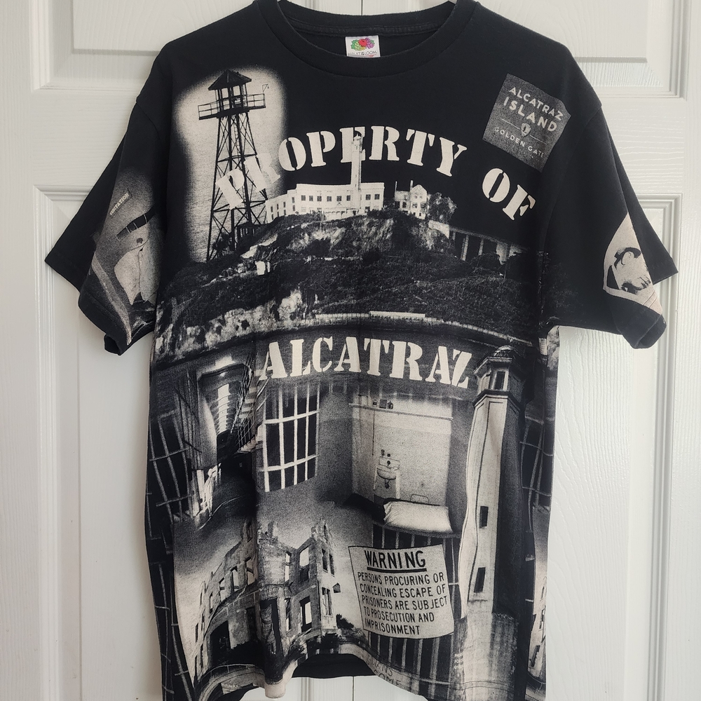 Vintage 90s Property of Alcatraz Prison All Over Print T-Shirt Graphic Tee, Sz L